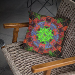 Mosaic Kaleidoscope Flower Green Red and Blue Throw Pillow