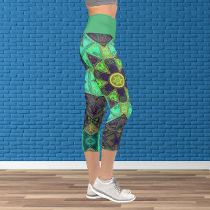 Mosaic Kaleidoscope Flower Green Teal and Purple L Capri Leggings