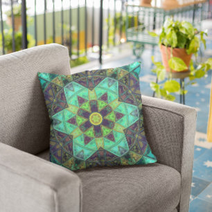 Mosaic Kaleidoscope Flower Green Teal and Purple Throw Pillow