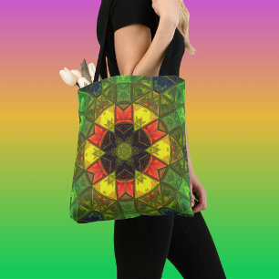 Mosaic Kaleidoscope Flower Green Yellow and Orange Tote Bag