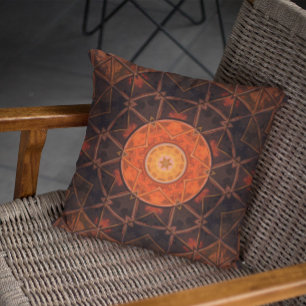 Mosaic Kaleidoscope Flower Orange and Brown Throw Pillow