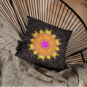 Mosaic Kaleidoscope Flower Orange Pink and Black Throw Pillow