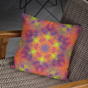 Mosaic Kaleidoscope Flower Orange Purple and Green Throw Pillow