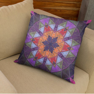 Mosaic Kaleidoscope Flower Orange Red and Purple Throw Pillow