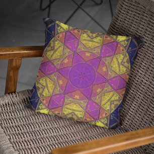 Mosaic Kaleidoscope Flower Pink and Yellow Throw Pillow