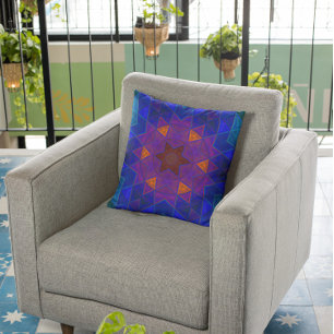 Mosaic Kaleidoscope Flower Pink Blue and Yellow Throw Pillow