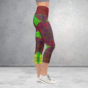 Mosaic Kaleidoscope Flower Pink Green and Yellow L Capri Leggings