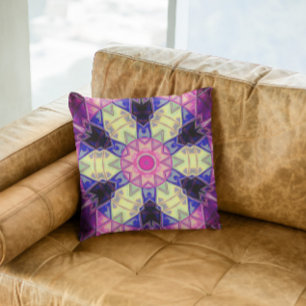 Mosaic Kaleidoscope Flower Pink Yellow and Blue Throw Pillow