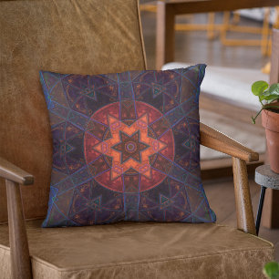 Mosaic Kaleidoscope Flower Purple Orange and Blue Throw Pillow