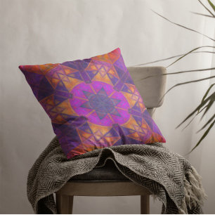 Mosaic Kaleidoscope Flower Purple Pink and Yellow Throw Pillow