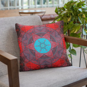 Mosaic Kaleidoscope Flower Red and Blue Throw Pillow