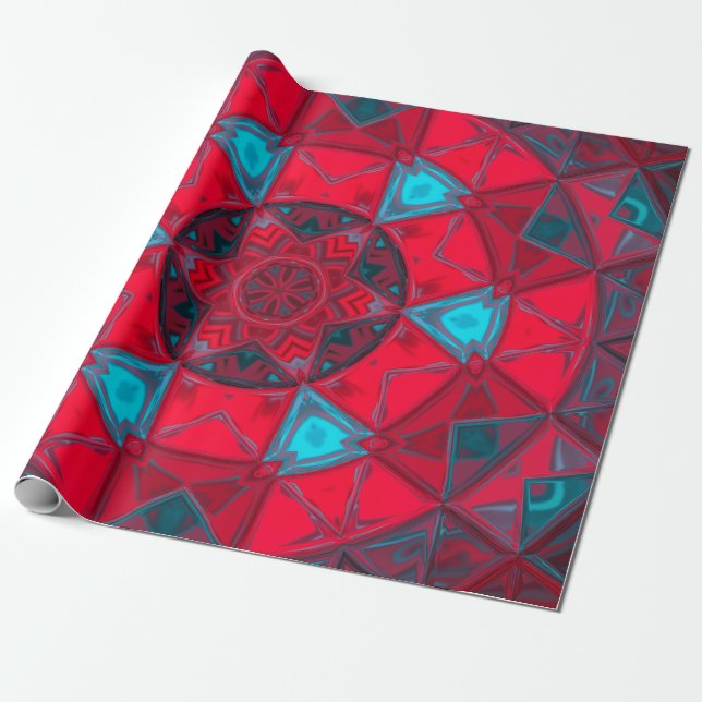 Mosaic Kaleidoscope Flower Red and Blue Wrapping Paper (Unrolled)
