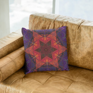 Mosaic Kaleidoscope Flower Red and Purple Throw Pillow