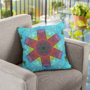Mosaic Kaleidoscope Flower Red Blue and Green Throw Pillow