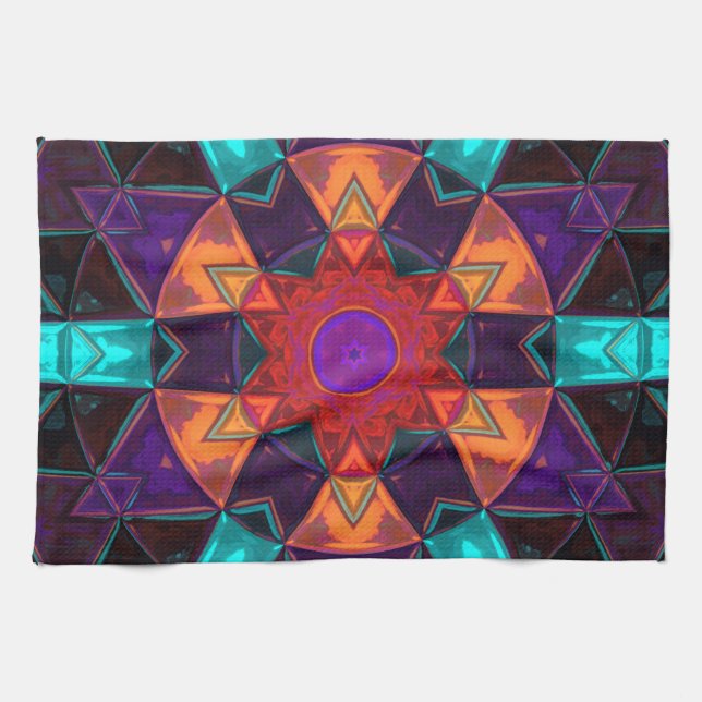 Mosaic Kaleidoscope Flower Red Orange and Blue Kitchen Towel (Horizontal)