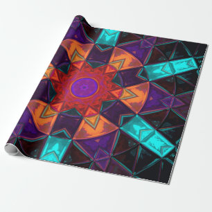 Mosaic Kaleidoscope Flower Red Orange and Blue Wrapping Paper