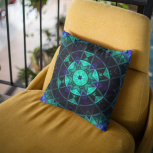 Mosaic Kaleidoscope Flower Teal Black and Blue Throw Pillow