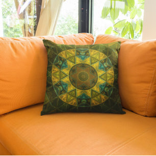 Mosaic Kaleidoscope Flower Yellow and Green Throw Pillow
