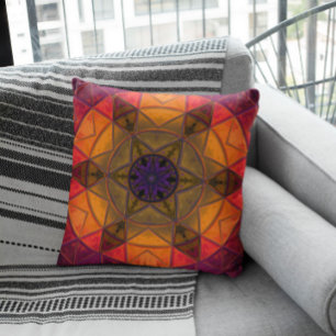 Mosaic Kaleidoscope Flower Yellow and Purple Throw Pillow