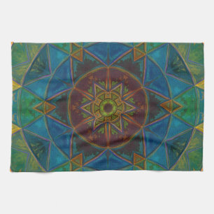 Mosaic Kaleidoscope Flower Yellow Blue and Green Kitchen Towel