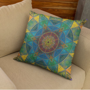 Mosaic Kaleidoscope Flower Yellow Blue and Green Throw Pillow