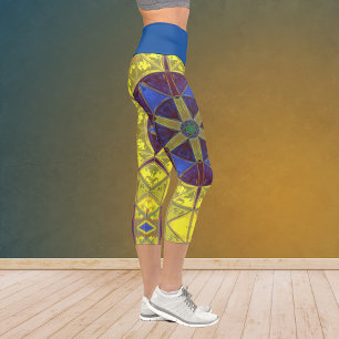 Mosaic Kaleidoscope Flower Yellow Blue and Orange Capri Leggings