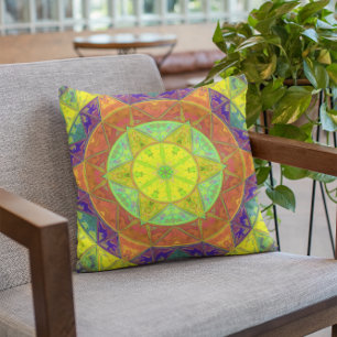 Mosaic Kaleidoscope Flower Yellow Green and Orange Throw Pillow
