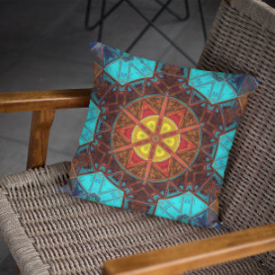 Mosaic Kaleidoscope Flower Yellow Orange and Blue Throw Pillow