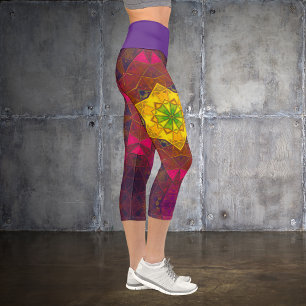 Mosaic Kaleidoscope Flower Yellow Purple and Pink Capri Leggings