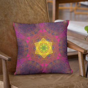 Mosaic Kaleidoscope Flower Yellow Purple and Pink Throw Pillow