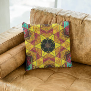 Mosaic Kaleidoscope Flower Yellow Red and Blue Throw Pillow