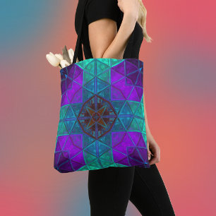 Mosaic Kaleidoscope Square Blue and Purple Tote Bag