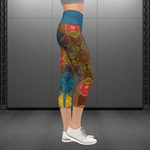 Mosaic Kaleidoscope Square Blue Red and Green Legg Capri Leggings