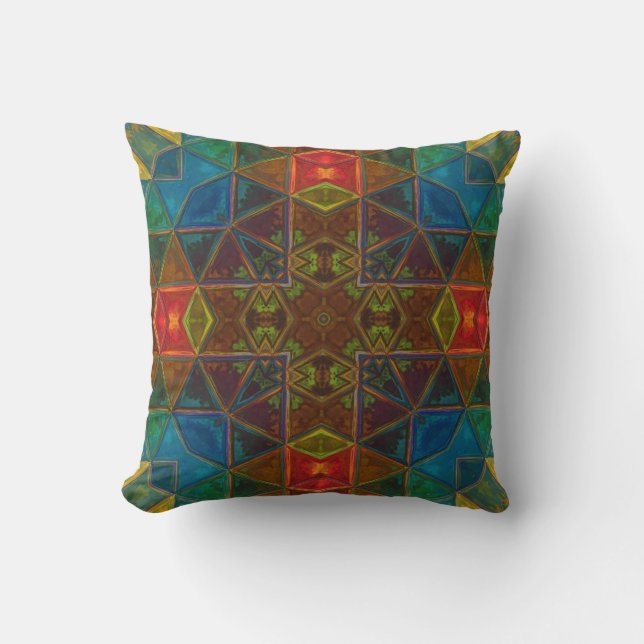 Mosaic Kaleidoscope Square Blue Red and Green Throw Pillow (Front)