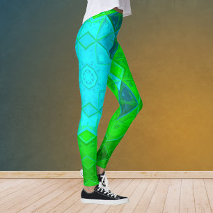 Mosaic Kaleidoscope Square Green and Blue Leggings