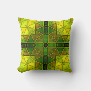 Mosaic Kaleidoscope Square Green and Yellow Throw Pillow
