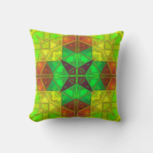 Mosaic Kaleidoscope Square Green Yellow and Orange Throw Pillow