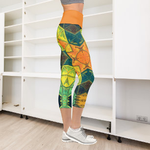 Mosaic Kaleidoscope Square Orange Yellow and Green Capri Leggings