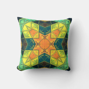 Mosaic Kaleidoscope Square Orange Yellow and Green Throw Pillow
