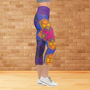 Mosaic Kaleidoscope Square Yellow Blue and Pink Le Capri Leggings