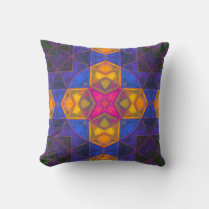 Mosaic Kaleidoscope Square Yellow Blue and Pink Throw Pillow