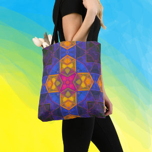 Mosaic Kaleidoscope Square Yellow Blue and Pink Tote Bag