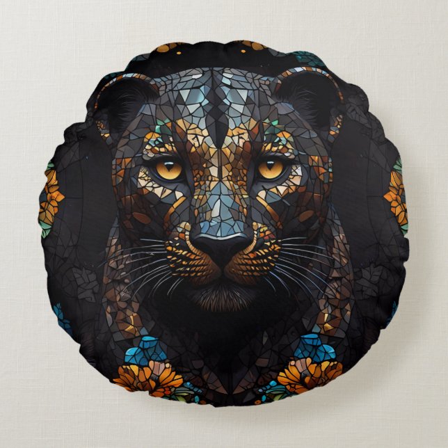 Mosaic Leopard Majesty Round Pillow (Front)