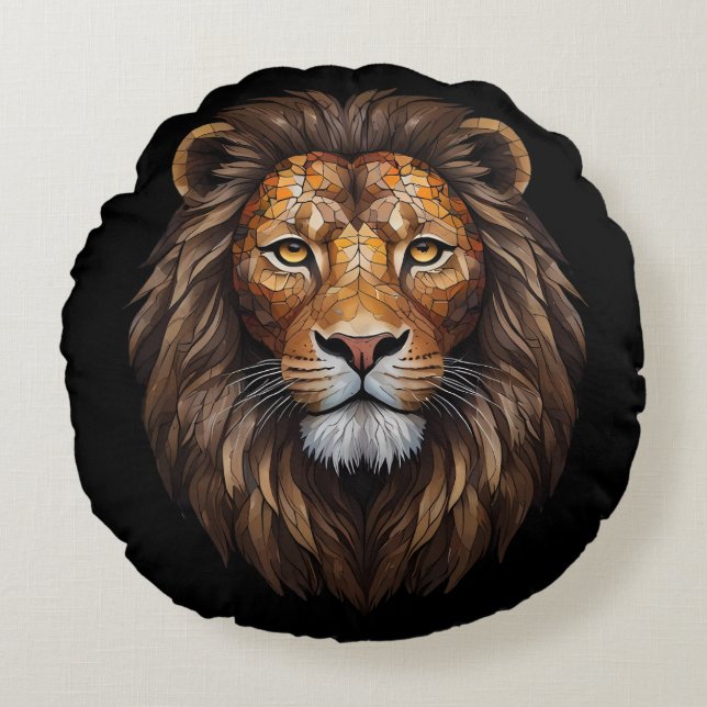 Mosaic Lion Portrait stained glass effect designer Round Pillow (Front)