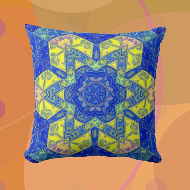 Mosaic Mandala Blue and Yellow Throw Pillow (Creator Uploaded)