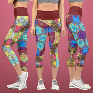 Mosaic Mandala Blue Pink and Yellow Capri Leggings