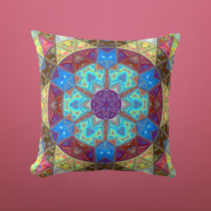 Mosaic Mandala Blue Pink and Yellow Throw Pillow