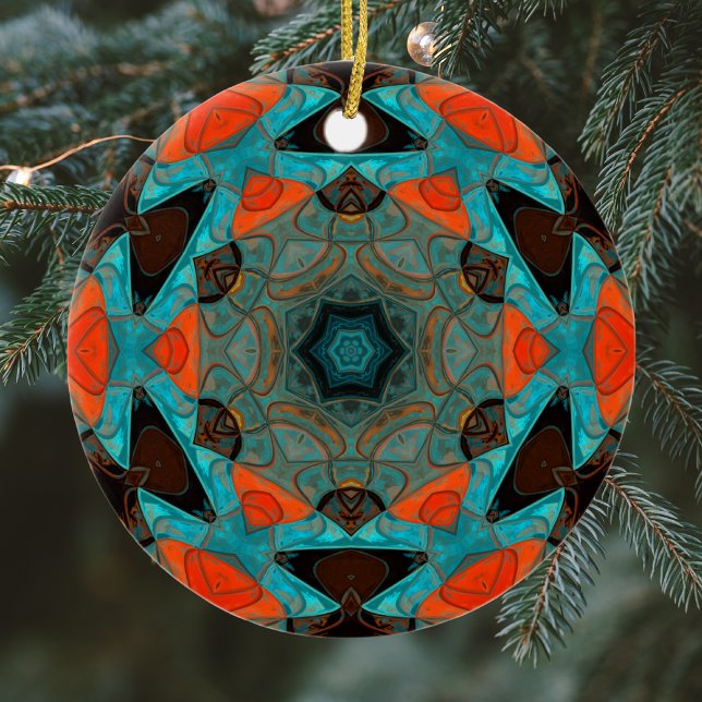 Mosaic Mandala Flower Blue and Orange Ceramic Ornament (Creator Uploaded)