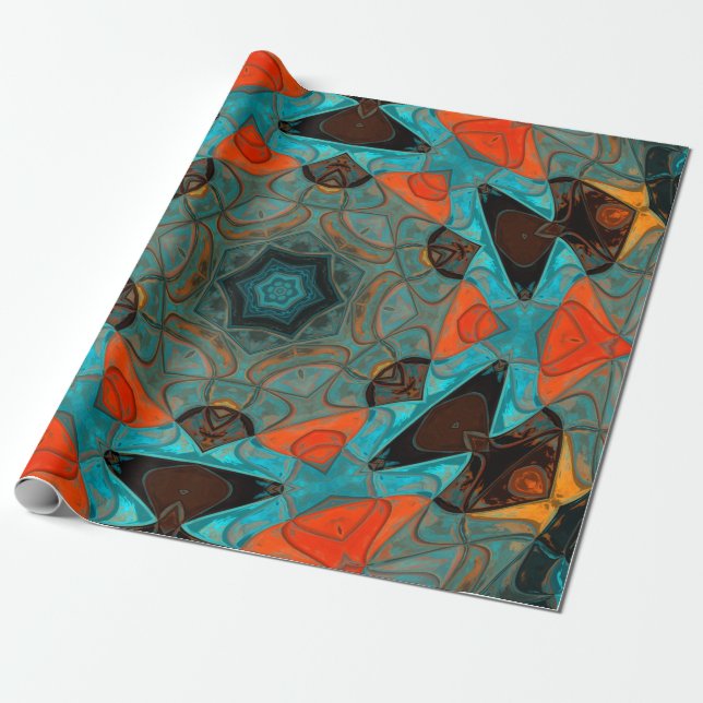 Mosaic Mandala Flower Blue and Orange Wrapping Paper (Unrolled)