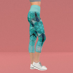 Mosaic Mandala Flower Blue and White Capri Leggings